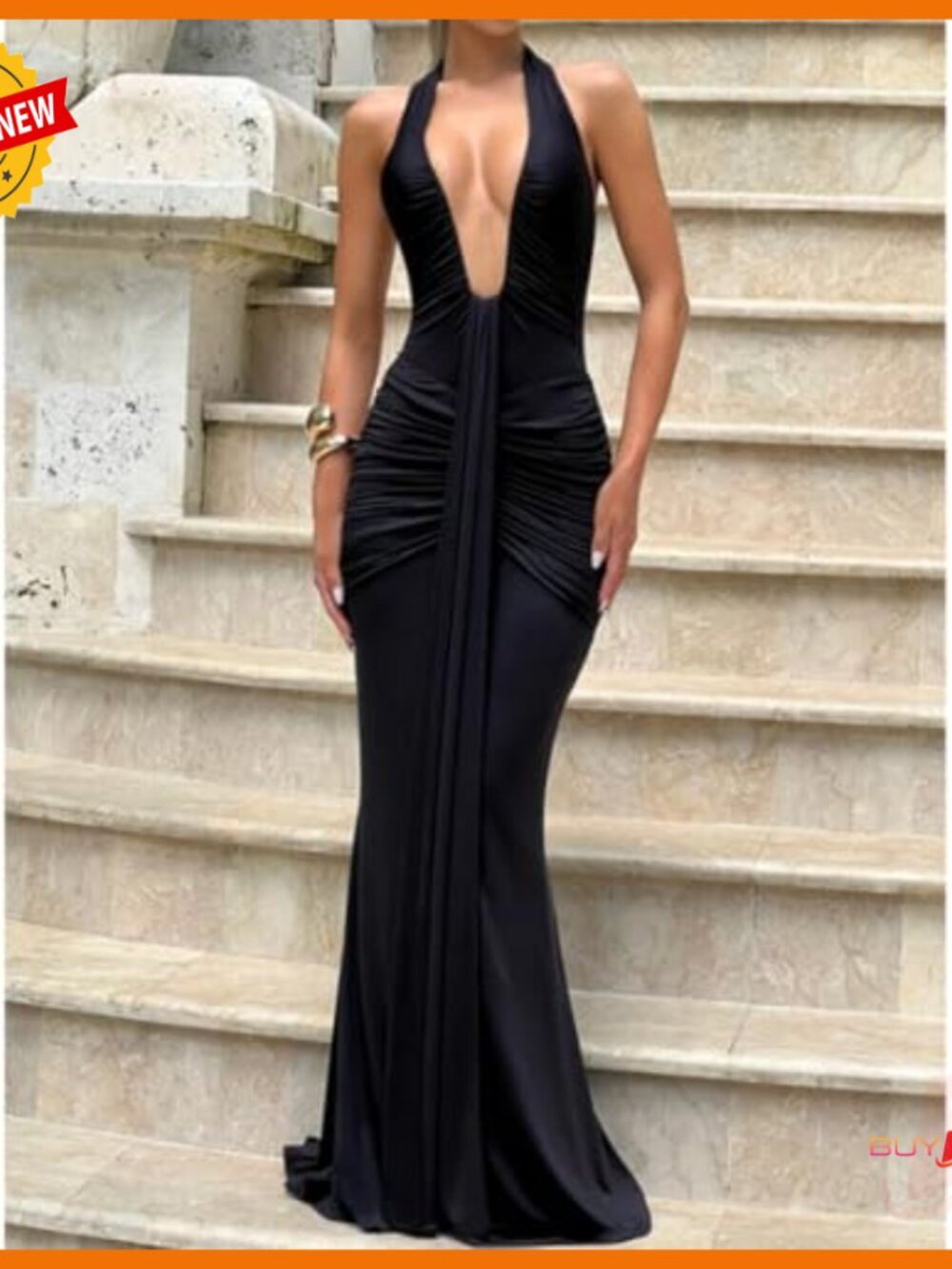 Sexy Deep V-Neck Maxi Dress Ruched Bodycon Formal Cocktail Evening - Picture 3 of 7